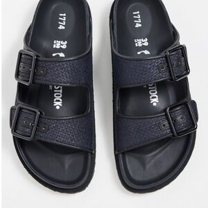 Birkenstock 1774 Arizona Luxe leather-trimmed raffia sandals (Black) 40 Womens